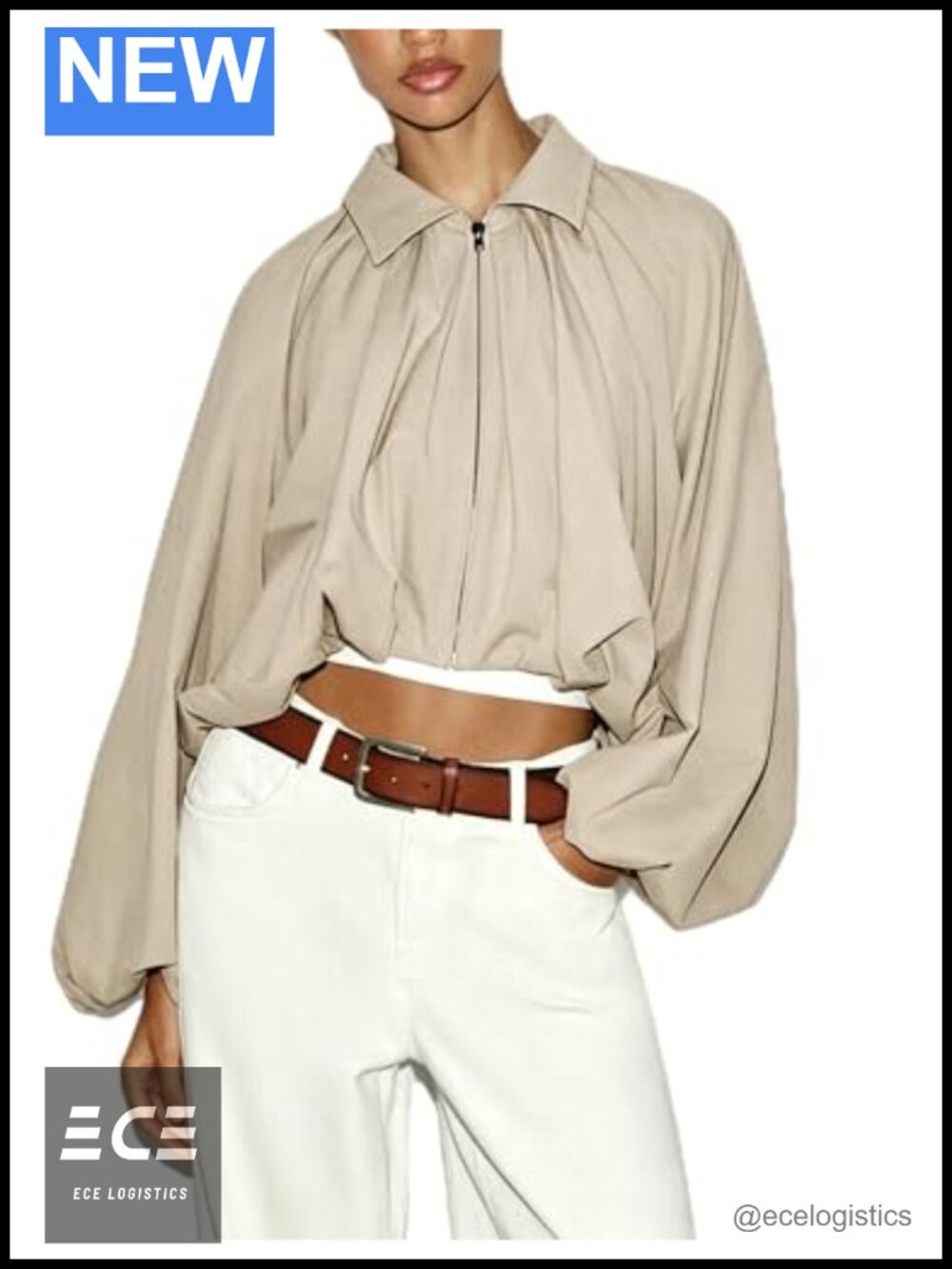 Women's Collared Full Zip Bubble Cropped Jacket Long Sleeve Polyester